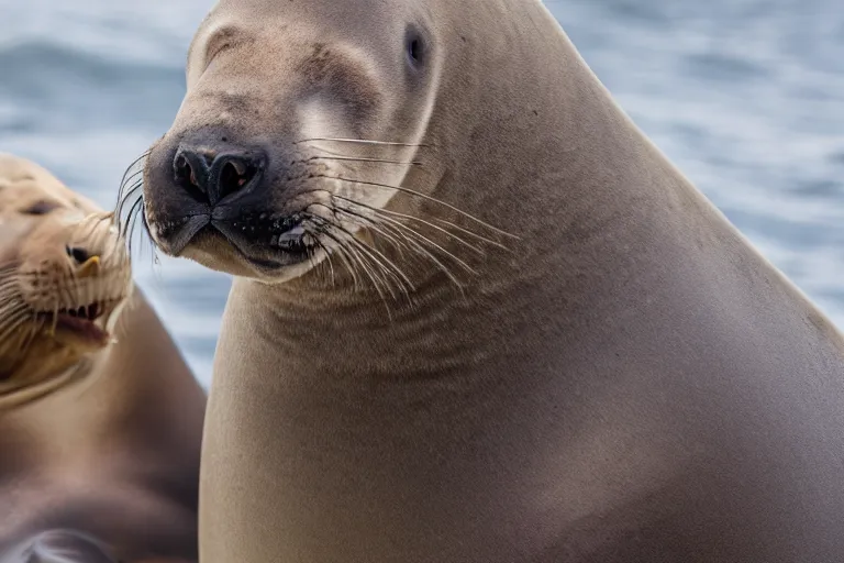 Image similar to professional photo of a sea lion body and canine wolf muzzle head strange chimera scientific