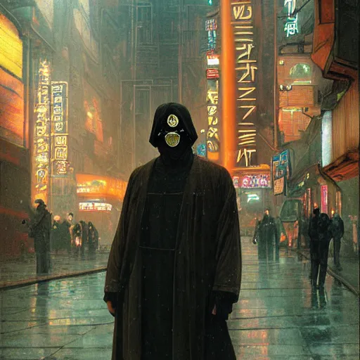 Image similar to portrait of masked byzantine blade runner 2 0 4 9 on the art deco streets of the neo tokyo during the cyber triumph, award - winning realistic sci - fi concept art by beksinski, bruegel, greg rutkowski, alphonse mucha, and yoshitaka amano