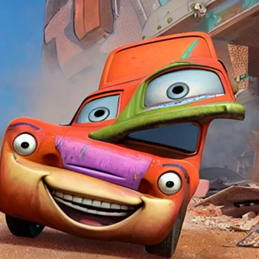 Image similar to mater from cars crashing into a building, rubble, disney pixars cars, mater, mater