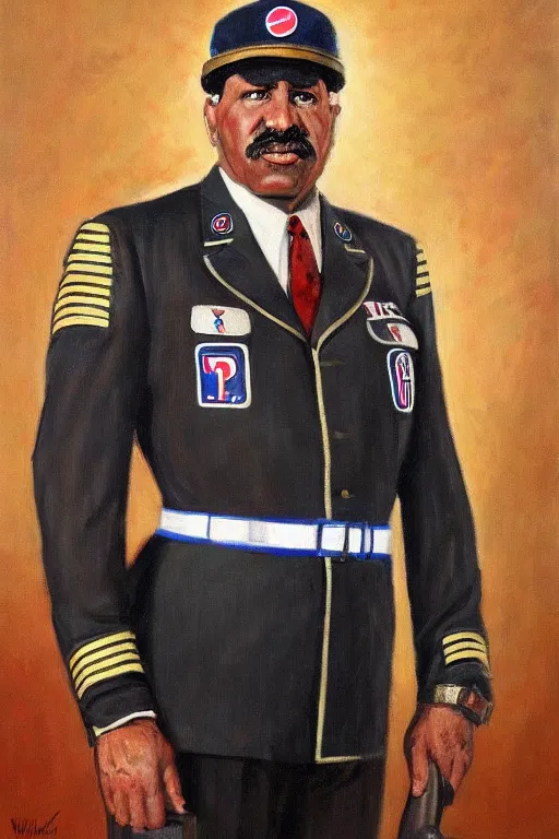 Image similar to full body portrait of the dictator of the philadelphia 7 6 ers, 1 9 5 5, in full military garb, oil on canvas by william sidney mount, trending on artstation