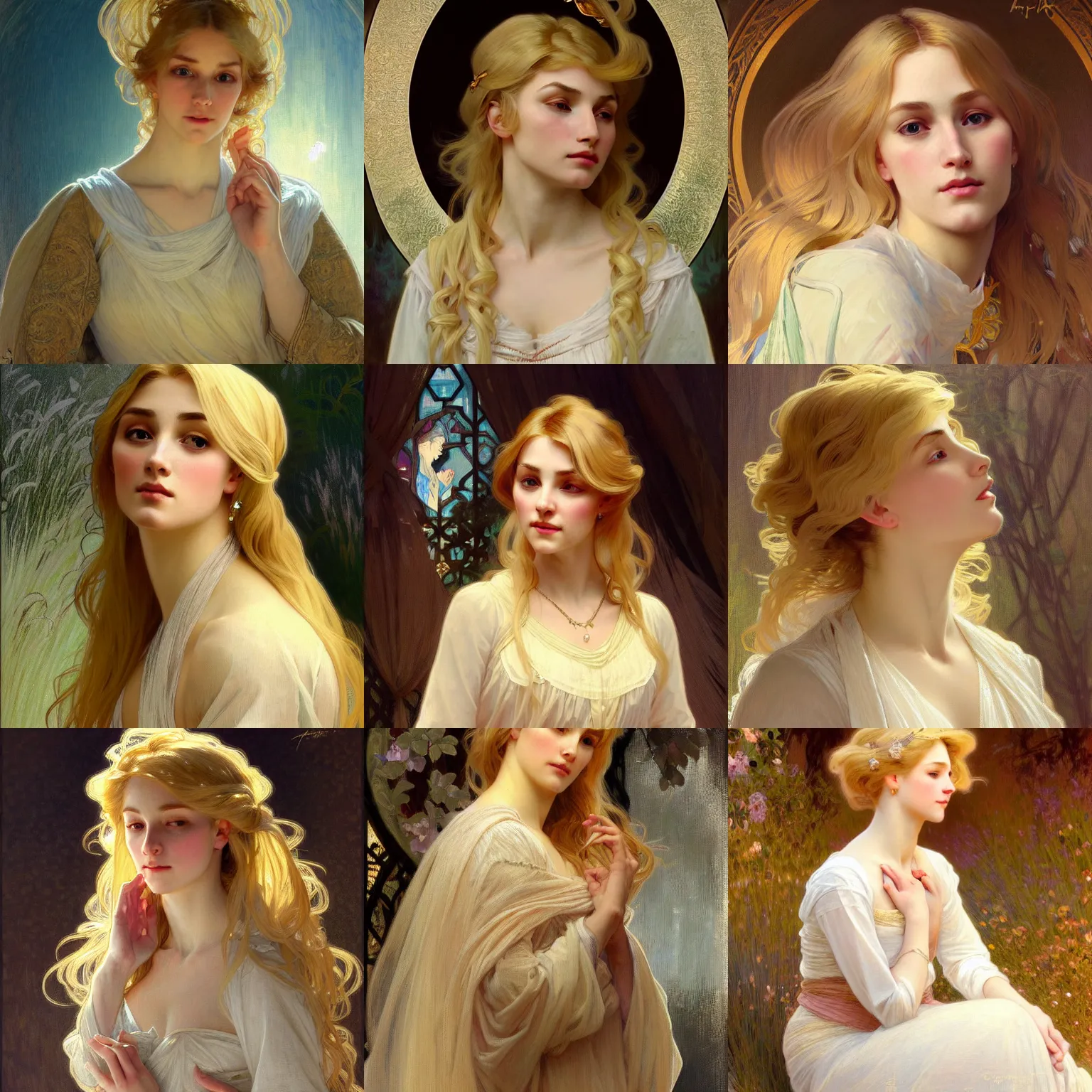 Image similar to painted portrait of a modest wife blessed by god with ever - increasing intelligence beauty and virtue. blonde, clothed holy body, light effect. feminine, powerful, in clothes! intricate, elegant, highly detailed, digital painting, artstation, concept art, smooth, sharp focus, illustration, art by gaston bussiere and alphonse mucha