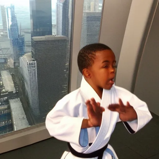 Image similar to “ corey in the house doing karate at the top of the world trade center ”