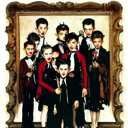 Image similar to Group portrait of a small punk vampire gang. Painting by Norman Rockwell.