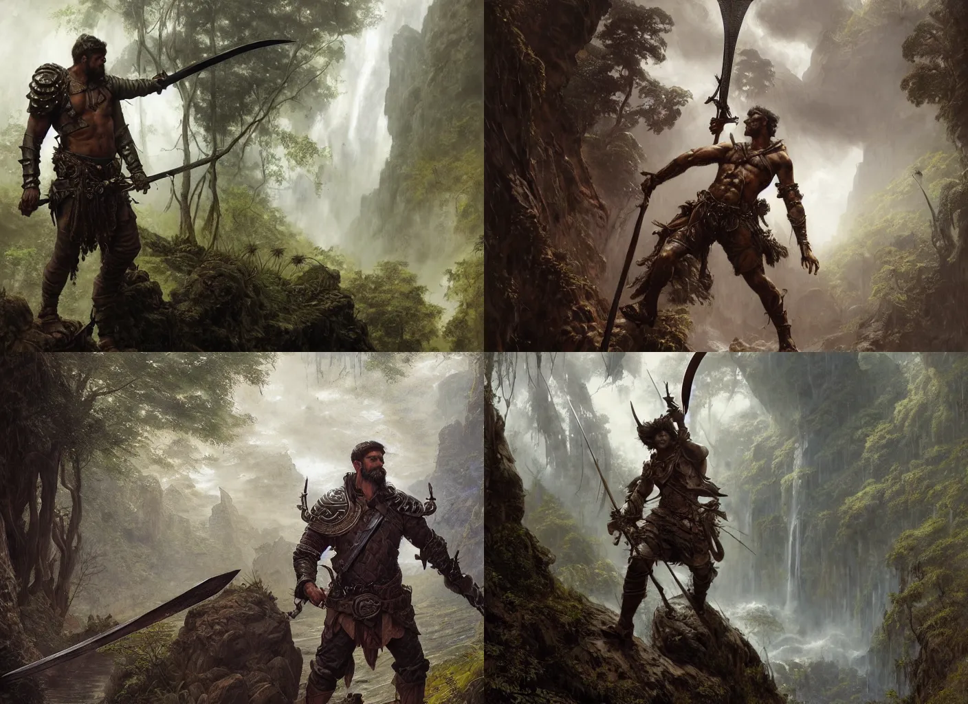 Prompt: ''Artstation concept of a rugged adventurer holding a broadsword, musculous, high body detail, leather armour, Rainforest background, hyperdetailed, cgsociety, by greg rutkowski, by Gustave Doré, by Marco Turini, by Artgerm, Deviantart in the style of Tom Bagshaw, Cedric Peyranavernay, Peter Mohrbacher''