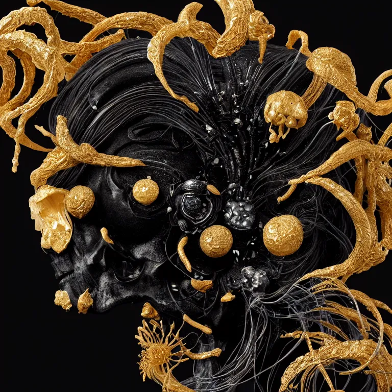 Prompt: black background. goddess princess face close-up portrait ram skull. sculpture made of gold and black charcoal. jellyfish phoenix head, nautilus, orchid, skull, betta fish, bioluminiscent creatures, intricate artwork by Tooth Wu and wlop and beeple. octane render, trending on artstation, greg rutkowski very coherent symmetrical artwork. cinematic, hyper realism, high detail, octane render, 8k