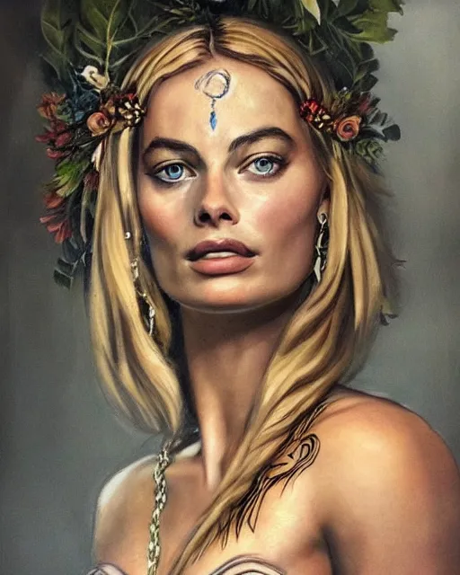 Image similar to realism tattoo sketch of margot robbie as a beautiful greek goddess aphrodite with piercing eyes wearing a laurel wreath and triangle earrings, in the style of greg rutkowski, amazing detail