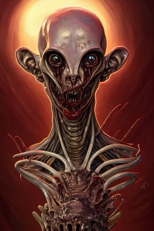 Image similar to clear portrait of a disgusting alien, cottagecore!!, butchershop background hyper detailed, filth, dumpster, blood, character concept, full body, dynamic pose, intricate, elegant, highly detailed, digital painting, artstation, concept art, smooth, sharp focus, illustration, art by artgerm and greg rutkowski and alphonse mucha