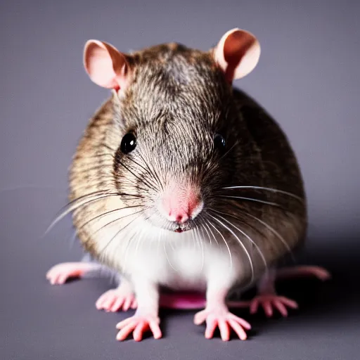 Image similar to professional studio portrait photograph of a domestic pet rat, agouti hooded, variegated, soft lighting, f/16