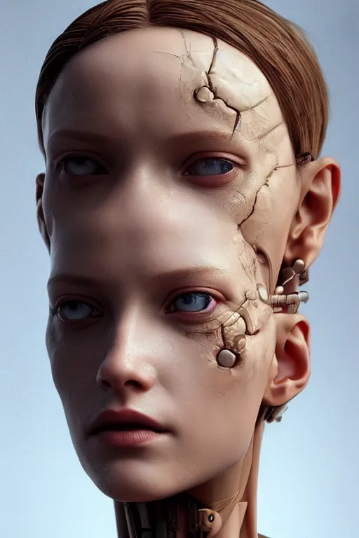 Prompt: beautiful portrait of a female robot, dystopian, biopunk, detailed skin, digital painting, sculpted in zbrush, artstation, concept art, smooth, sharp focus, illustration, chiaroscuro, soft lighting, peaceful ambient, golden ratio, rule of thirds, fibonacci, incredible art by Stanley Artgerm Lau and Greg Rutkowski, composition by mike mignola and Simon Stalenhag,