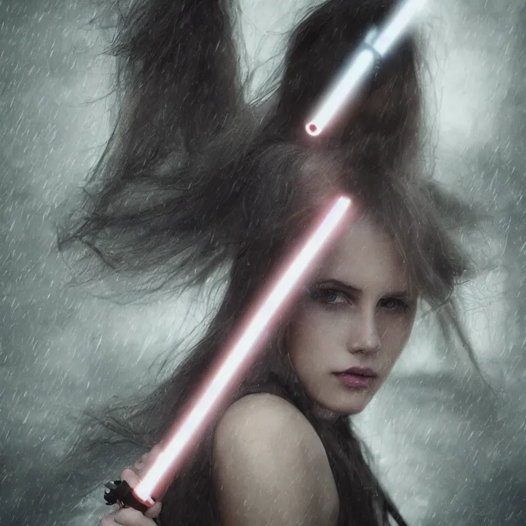 Image similar to cute model annie leonhart holding a lightsaber, beautiful face, detailed face, realistic eyes, pale skin, rule of thirds, cinematic lighting, rainy weather, melancholy atmosphere, volumetric light, realistic reflections, sharp focus, backlit, model agency, instagram photo, shot on sony a 7 iii, beauty filter, postprocessing