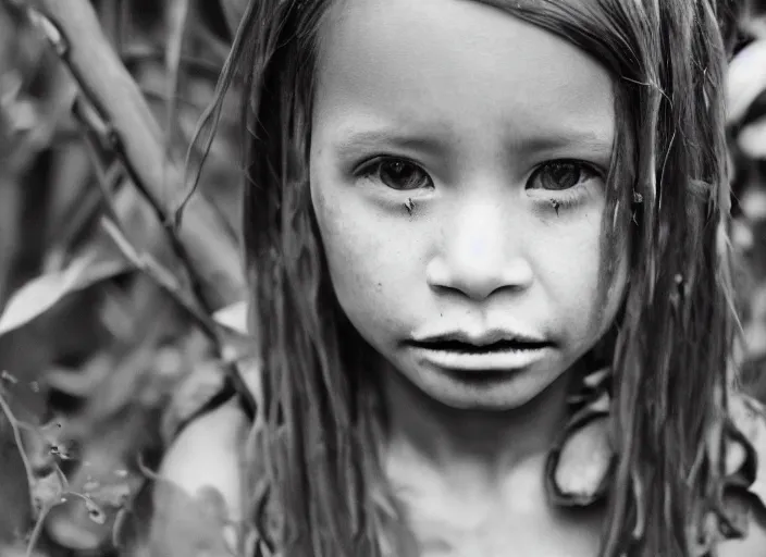 Image similar to 5 year old with warpaint, very stern look, hiding in the jungle, portrait, close-up, cinestill colour, anamorphic