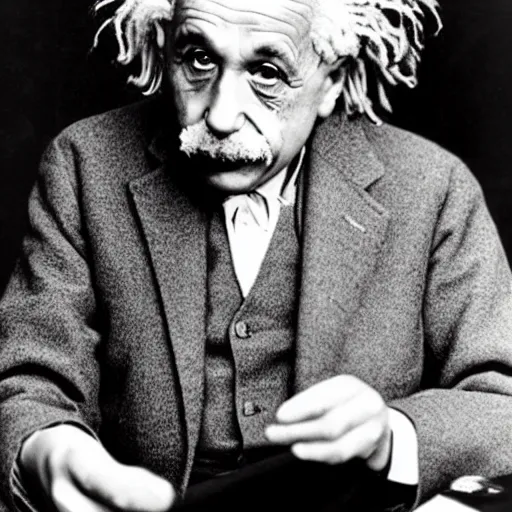 Image similar to Photograph of Albert Einstein having trouble choosing whether or not to wear white socks or black socks