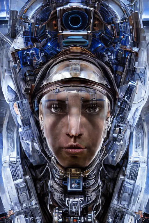 Prompt: hyper-realist uncut, centered cinematic, fullbody robot portrait. complex hyper-maximalist futuristic overdetailed beautiful but terrifying, cinematic cosmic scifi portrait of an elegant very hightech but classy and streamlined android astronaut god by igor goryunov ben ridgway andrei riabovitchev, tomasz alen kopera, oleksandra shchaslyva peter gric. 3d render. Extremely ornated with laced matte white plastic, colorful ledlights. wires and cables twirling around him. No gravity. Dramatic Volumetric lighting. Omnious intricate. Secessionist style ornated portrait illustration. Technological god. Slightly influenced by giger. Unreal engine 5. Polished. Tools used: Blender Cinema4d Houdini3d zbrush. Unreal engine 5 Cinematic. Beautifully lit. No background. Artstation. Deviantart. 8k 4k 64megapixel. Cosmic horror style. Rendered by binx.ly. coherent, hyperrealistic, hightech textures and maximum one face on the image.