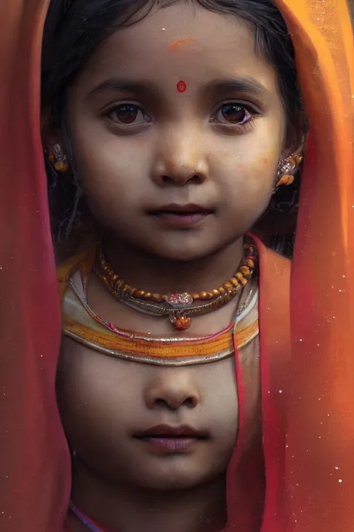 Image similar to hindu little girl, joyful, close - up portrait, intricate, elegant, volumetric lighting, scenery, digital painting, highly detailed, artstation, sharp focus, illustration, concept art, ruan jia, steve mccurry