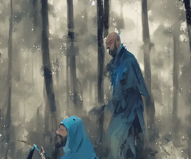 Image similar to painting portrait of a young bald blue - skinned wizard in a forest, by ismail inceoglu