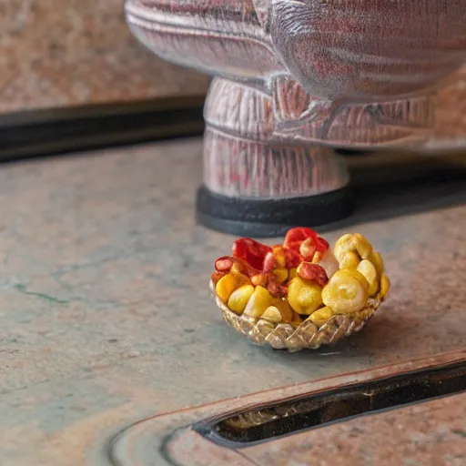 Image similar to macro photography focused on a miniature figure on a countertop. The background is the rest of the kitchen. The mid ground is a dramatic highway bridge that connects the vintage fridge to the counter. Award winning photo.