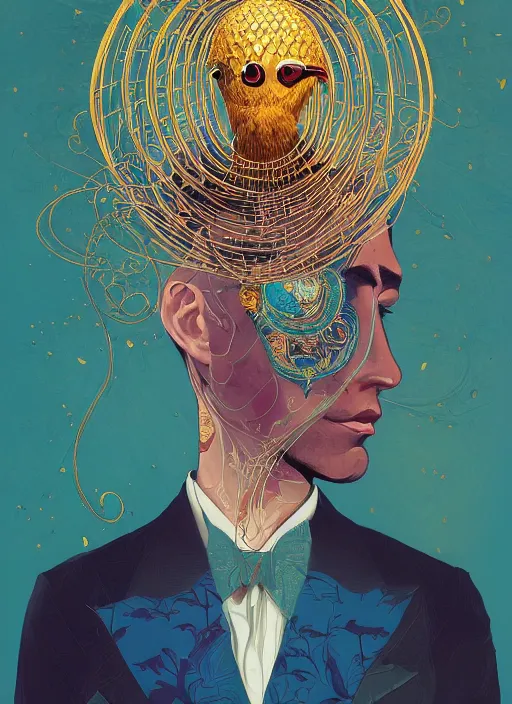 Image similar to beautiful painting of a mystical man in a suit with a golden bird cage as a head, in the style of james jean and victo ngai and sam spratt, mystical colors, trending on artstation