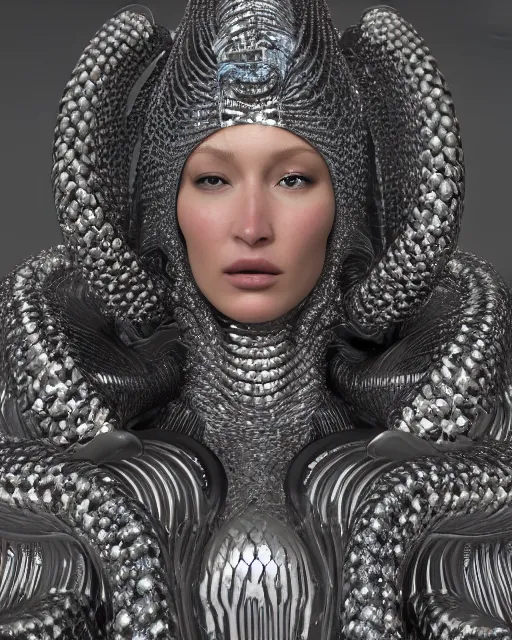 Image similar to a highly detailed metahuman 4 k close up render of an alien goddess bella hadid monument snake in iris van herpen dress schiaparelli in diamonds crystals swarovski and jewelry iridescent in style of alphonse mucha gustav klimt trending on artstation made in unreal engine 4