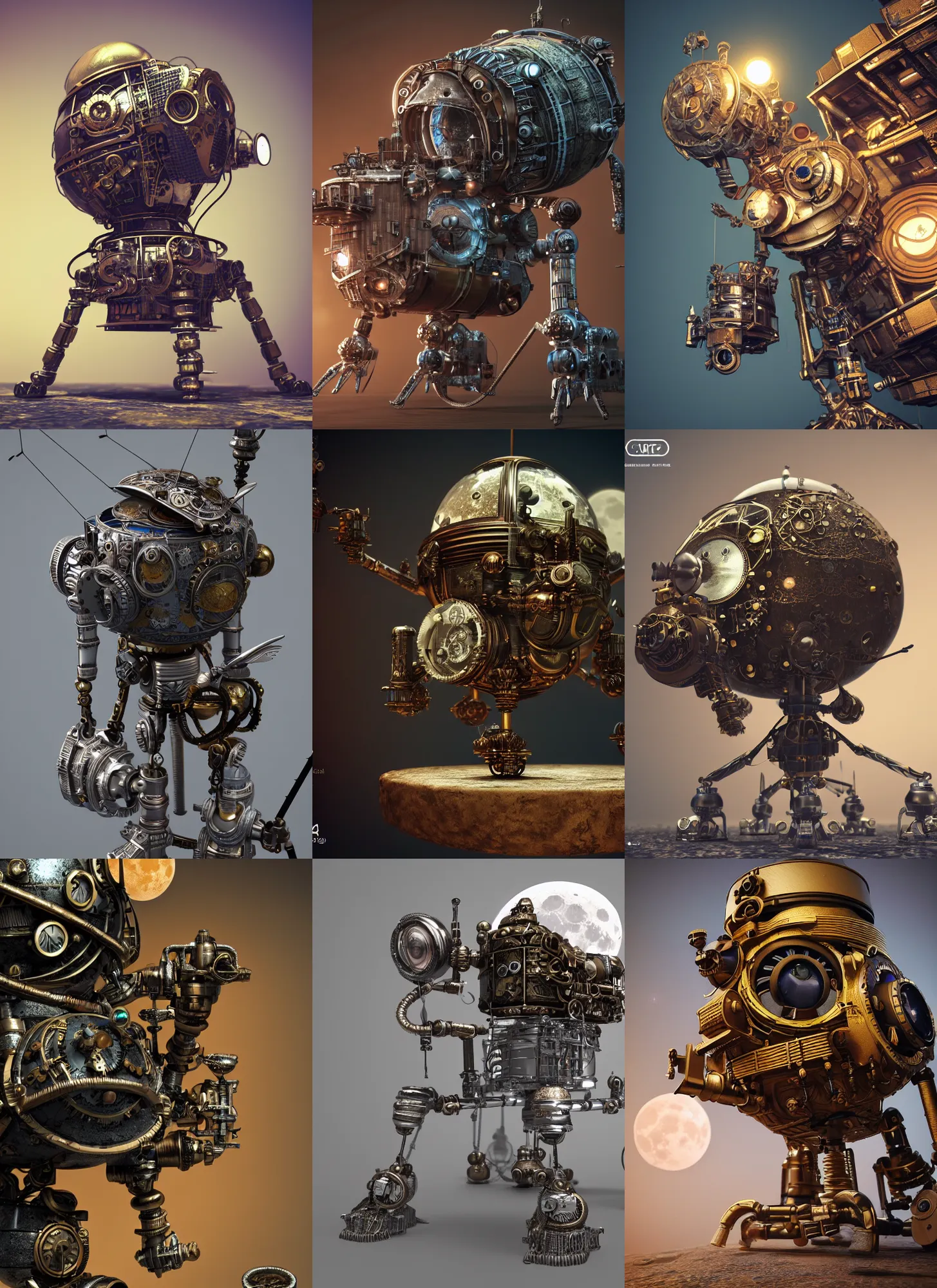 Image similar to tiny steampunk robot lunar probe, intricate detail, hyper detailed, ultra realistic, sharp focus, octane render, lantern, volumetric, ray tracing, artstation trending, moon, flowery, pocketwatch, cgsociety, sense of awe, mystical, moon, 4 k