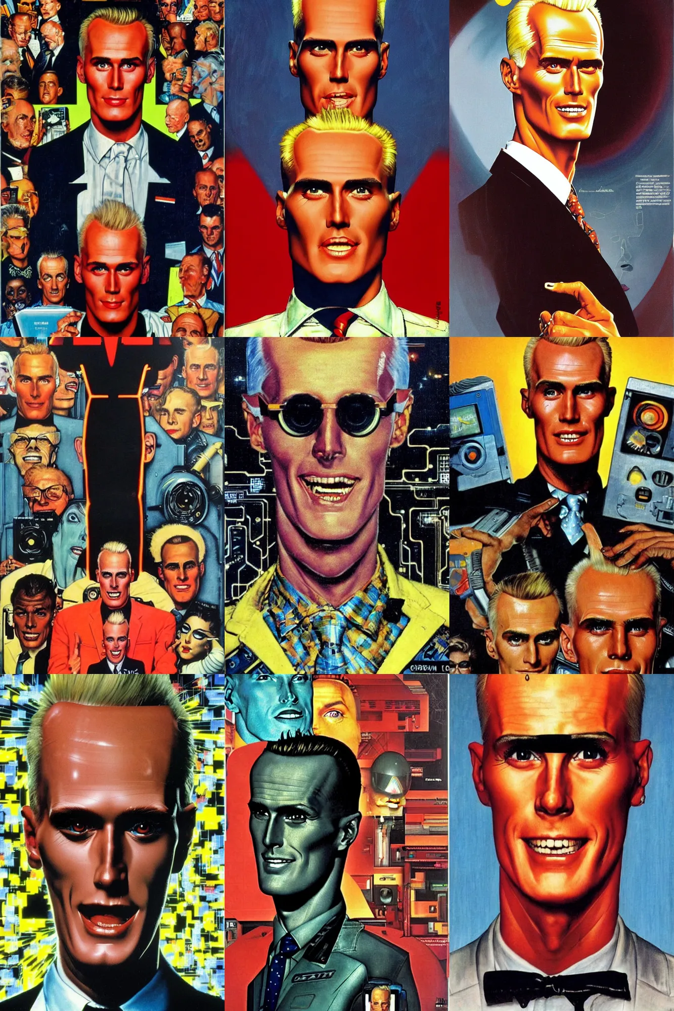 Prompt: max headroom looking very delighted at the new cyberspace in the year 2 0 2 2, painting by norman rockwell