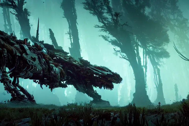 Image similar to wide epic shot from horizon forbidden west. a hyper detailed organic mechanic creatuve realistic similar look as horizon forbidden west horizon zero dawn, bioluminiscence in a dark deep forest at dawn in spring, with reflection and textures, by kilian eng, substance painter reaslitic mech surface metal painted scratches, world env from horizon forbidden west horizon zero dawn