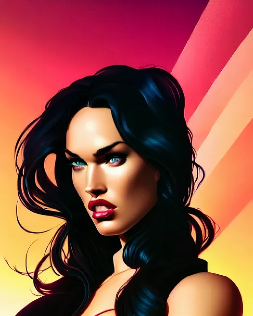 Image similar to low angle closeup beautiful seductive megan fox retro scifi pinup, action glamour pose, windblown dark hair, hyper detailed, digital art, studio lighting, smooth, ambient volumetric lighting, sharp focus, frank miller, wlop, anna dittmann, alphonse mucha, patrick nagle!!, rim lighting, synthwave