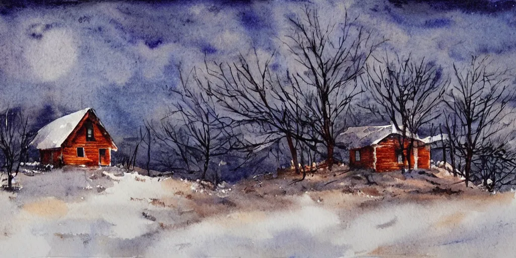 Prompt: a watercolor painting of a cabin in a snowy landscape, at night, painted by lars lerin, expressionism, messy snow storm
