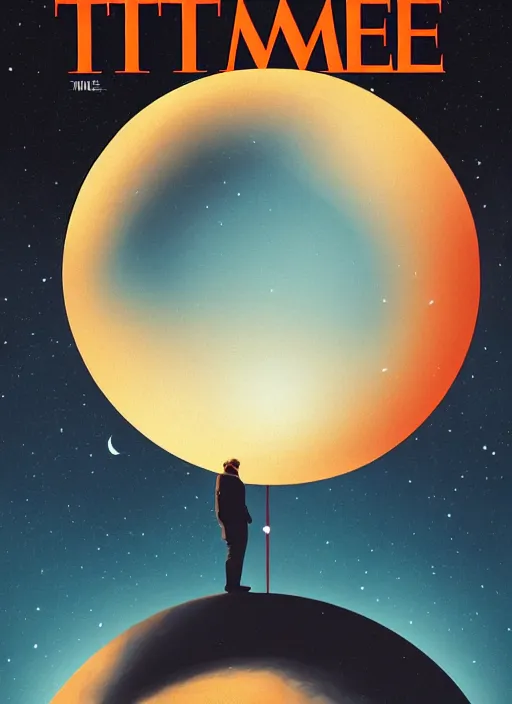 Image similar to the cover of time magazine with a man standing in front of a planet, poster art by Emiliano Ponzi, trending on cg society, private press, sci-fi, elite, cosmic horror