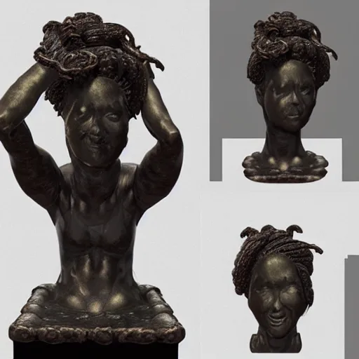 Image similar to a statue of a woman with snakes on her head, a bronze sculpture by lynda benglis, featured on zbrush central, baroque, zbrush, rococo, flemish baroque