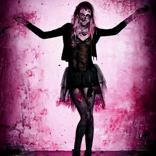 Prompt: a dirty grungy zombie girl wearing pink lace victoria secret, studio portrait,