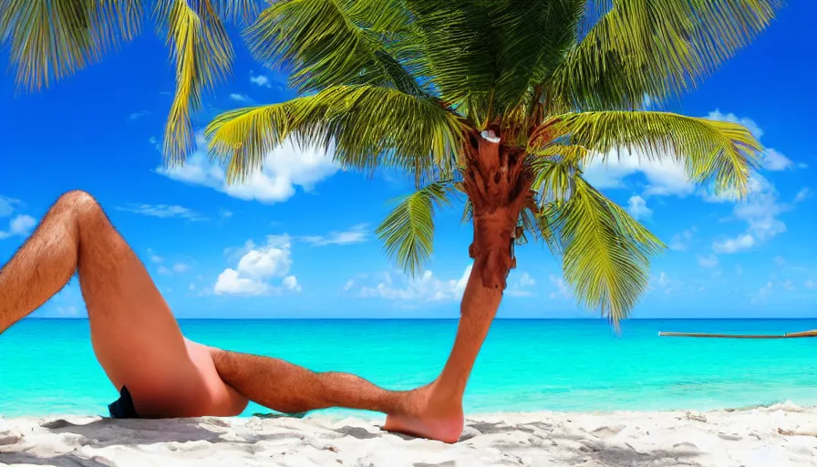 Image similar to first person view from a man lounging on a beautiful tropical beach with a stunning turquoise ocean in the background. his legs stretch out in front of the camera, digital art, highly detailed, realistic, bright colors, 8 k