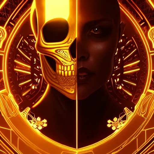 Image similar to symmetry!! portrait of golden! skull warrior, tech wear, glowing lights!! intricate, elegant, highly detailed, digital painting, artstation, concept art, smooth, sharp focus, illustration, art by artgerm and greg rutkowski and alphonse mucha