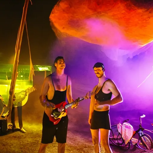 Image similar to scandy and arender, cooking it up, hot hot hot, splash, ahhhhhhh, roomies, bohemian digitals, playing a live gig at burning man, night time, colored lights, stroboscope, fog machine, no faces visible, huge crowd, ecstatic, photorealistic photography