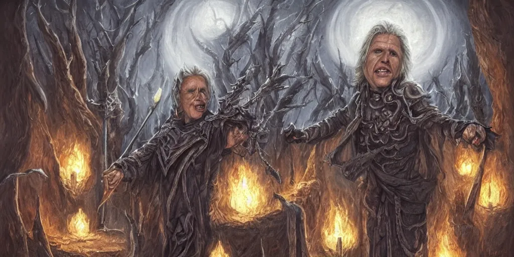 Image similar to Gary Busey as a powerful necromancer, fantasy art, extremely detailed, high quality,