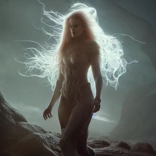 Prompt: elden ring character, an entity made of magical energy with long weightless hair, they were once human now they are a conduit for magic. volumetric lighting, masterpiece, sharp focus by leesha hannigan, ross tran, kai carpenter.