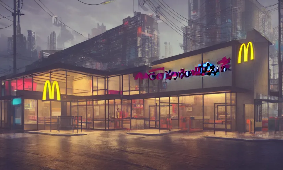 Image similar to exterior shot of a mcdonalds in a cyberpunk city, at night, neon lights, light bloom, octane render, rainy, reflections