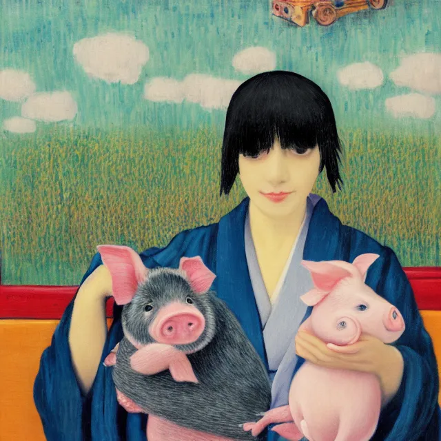 Image similar to tall emo female artist holding small portraits and piglet on a train, wearing a kimono, on yamanote line in japan, tokyo station, summer, sweat, ice coffee, pigs, octopus, acrylic on canvas, surrealist, by magritte and monet