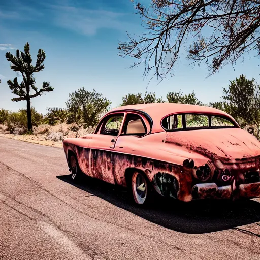 Prompt: a car with a beating heart on route66 3d 8k photo