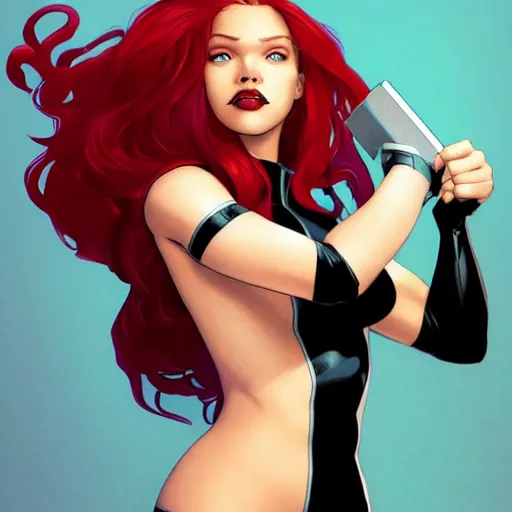 Image similar to Rogue x-men marvel, Lilo Reinhart, smile, long red hair, white streak in hair, realistic character concept, full body shot, cute fun pose, comic book, illustration, symmetrical face and body, artstation, cinematic lighting, hyperdetailed, cgsociety, 8k, high resolution, Charlie Bowater, Tom Bagshaw, single face, insanely detailed and intricate, beautiful