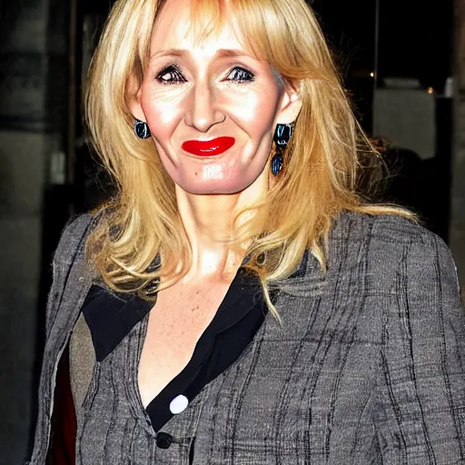 Prompt: j k rowling with black ink pouring out of her mouth, photograph, spotted in public