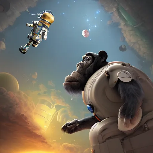 Image similar to chimpanzee left in space, wearing space suit. interesting 3 d character concept by tiger hkn and gediminas pranckevicius, maplestory, game art, hyper detailed, character modeling, cartoon, cinematic, raytrace, concept art, trend on behance 3 d art, v - ray, maya, c 4 d