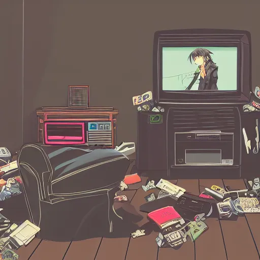 Prompt: very dark 1990s style retro bedroom, dimly lit by a CRT television, clustered with rubbish all over the floor, in the style of anime, highly detailed render