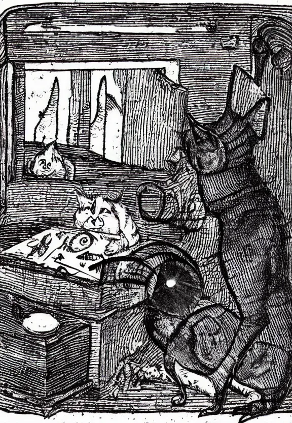 Image similar to [Dark medieval illustration of a cat watching youtube on a computer]