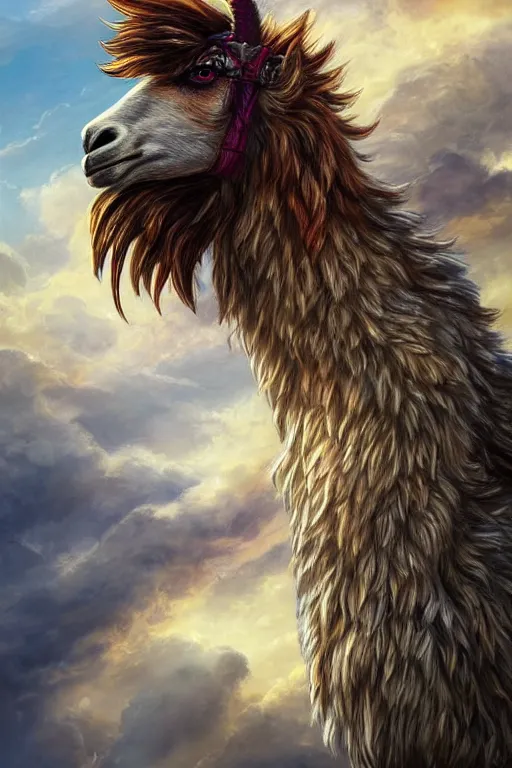 Image similar to A beautiful fierce llama angel with wings, wearing metal battle armor and a flaming sword, among heavenly sunlit clouds, close-up, intricate anthro llama portrait, elegant, digital painting, golden hour photo, cinematic, trending on artstation, anthro concept art, smooth, sharp focus, llama, illustration, art by artgerm and Greg Rutkowski and Alphonse Mucha, daily deviation, llama