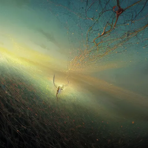 Image similar to a painting of a man falling through a tangle of neurons in a pastel sky, a detailed matte painting by marc simonetti, deviantart, trending on artstation