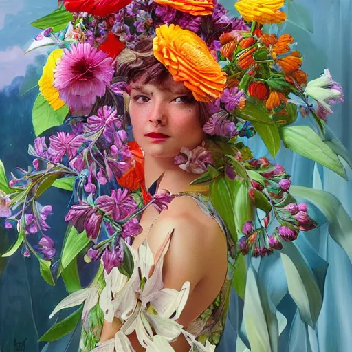 Image similar to a bouquet of surreal big colorful transparent entangled flowers, wild foliage, vivid, detailed painting, by JC Leyendecker, WLOP, artgerm and James Jean, masterpiece, award winning painting