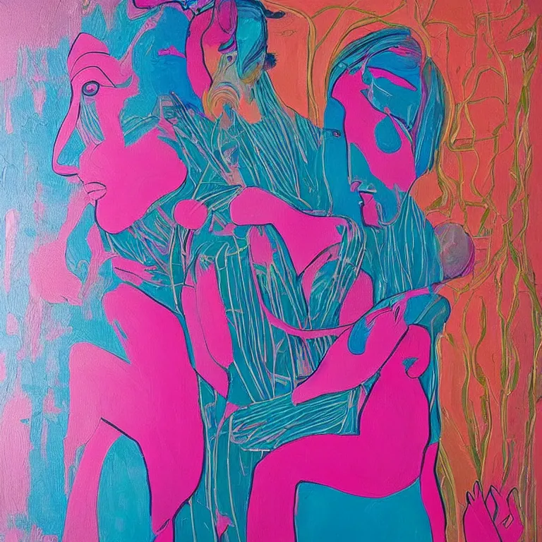 Prompt: “art in an Australian artist’s apartment, portrait of women embracing, organic lines, Australian Aboriginal art, pink and blue hair, lesbian, ikebana, Japanese pottery, sacred feminine, acrylic and spray paint and oilstick on canvas”