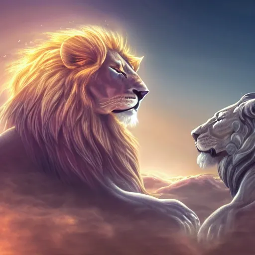 Prompt: the ancient world, hyper complexity, highly detailed, cinematic lighting, pastel colored sunrise, flying robotic lions with gold metal huge wings on the back in the sky, sharp outlines, complete whole lion body, another sleeping lion face in the clouds watching each other, hyperrealistic, trending on pixiv fanbox, love death robot,