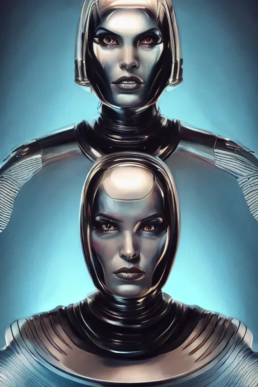 Prompt: retro-futuristic female android in chrome armour, facial portrait, rim light, ornate pattern, evil eyes, angry expression, painting by vincent di fate, artgerm julie bell beeple, Smooth gradients, High contrast, depth of field, very coherent symmetrical artwork