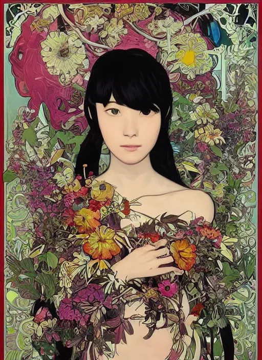 Image similar to !!! very coherent!!! oil painting, beautiful floralpunk iban bio mechanical portrait girl female illustration detailed patterns art of sarawak traditional dress, flower pop art, floral splash painting, art by ashley wood, alphonse mucha, makoto shinkai, geof darrow, dark shadow